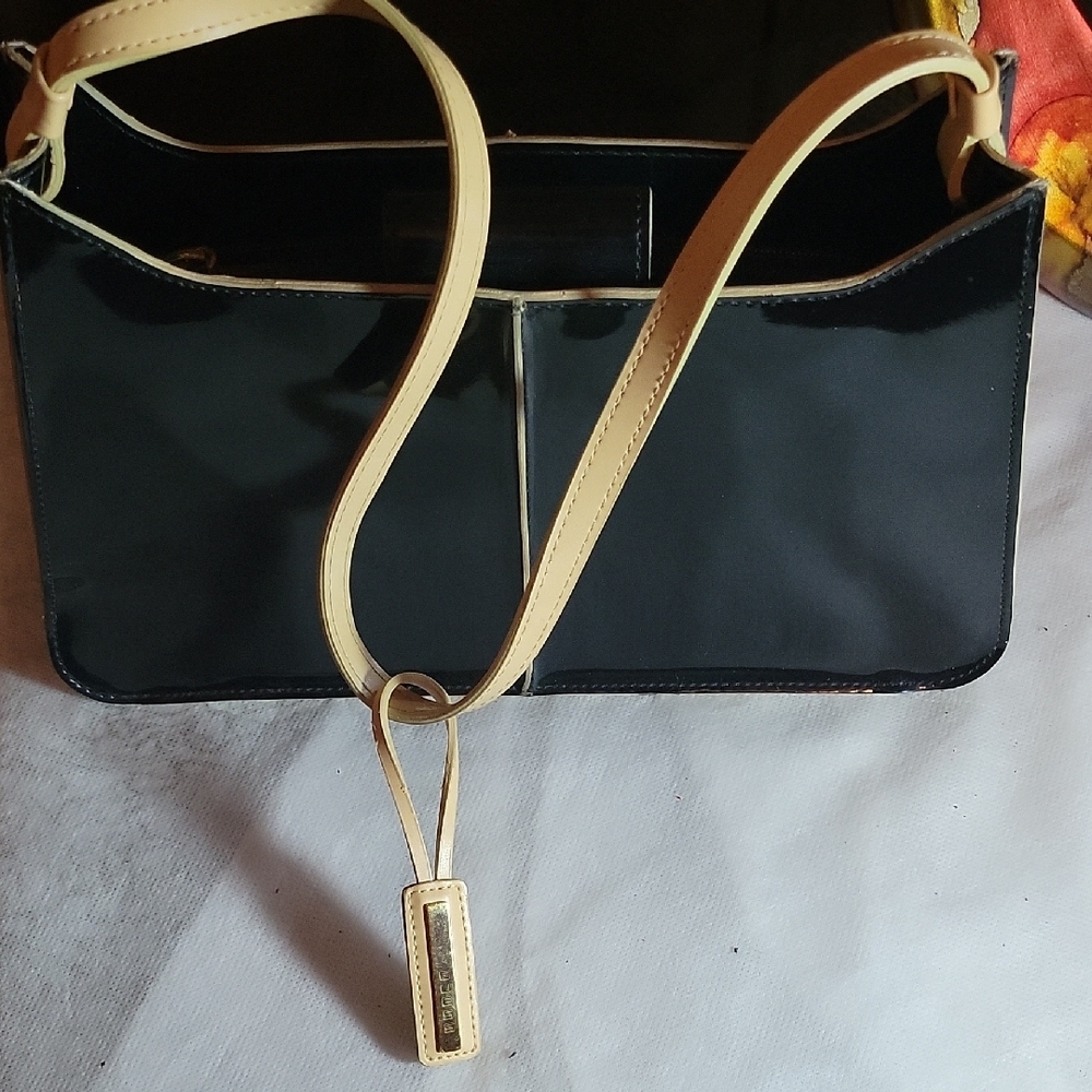 Guess Black Patent Leather Shoulder Bag with Cream Strap - Classy Chic